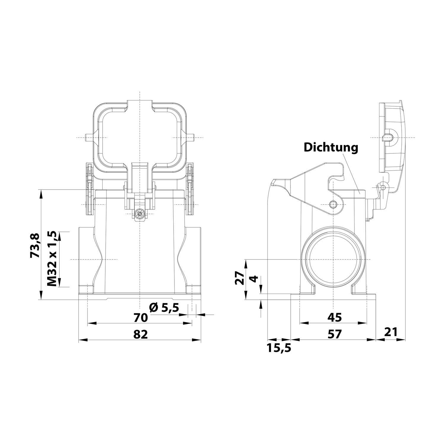 Eine technische Zeichnung, die zwei Ansichten einer mechanischen Komponente mit Maßangaben zeigt. Beschriftungen beinhalten 'Dichtung' und verschiedene Messungen.