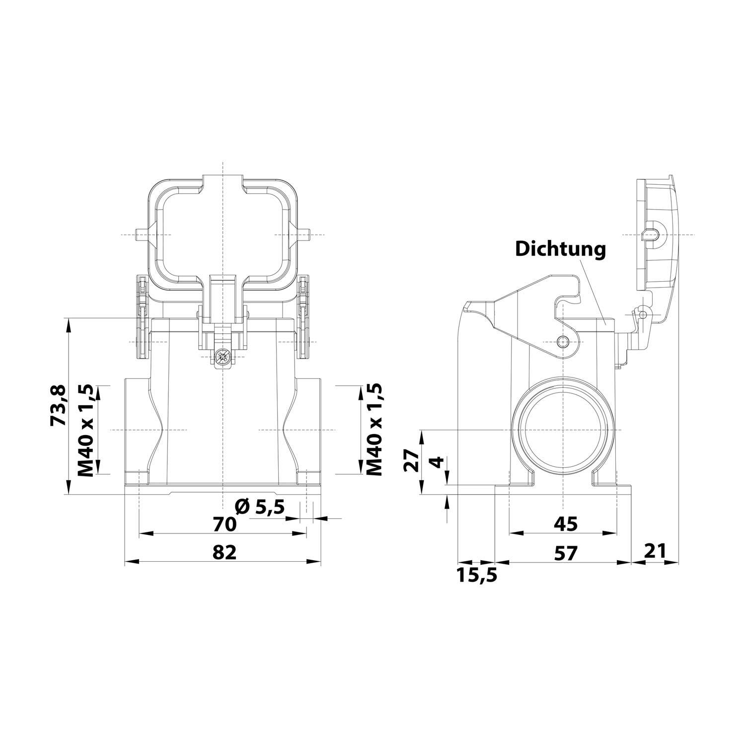 Technische Zeichnung eines Rohranschlusses. Vorder- und Seitenansicht mit Maßangaben: Durchmesser 70 mm, Höhe 82 mm, mit verschiedenen beschrifteten Bauteilen.