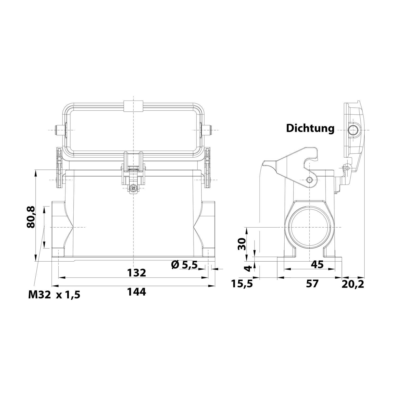 Technische Zeichnung eines mechanischen Bauteils mit Abmessungen in Millimetern, einschließlich Länge, Breite und Höhe mit detaillierter Beschriftung.