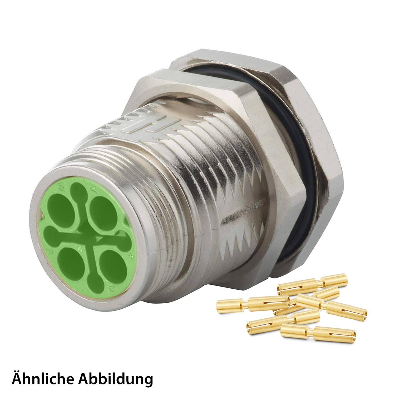 Ein metallischer kreisförmiger Anschluss mit einer sechseckigen Mutter und grünem Einsatz, begleitet von mehreren kleinen vergoldeten Pins.