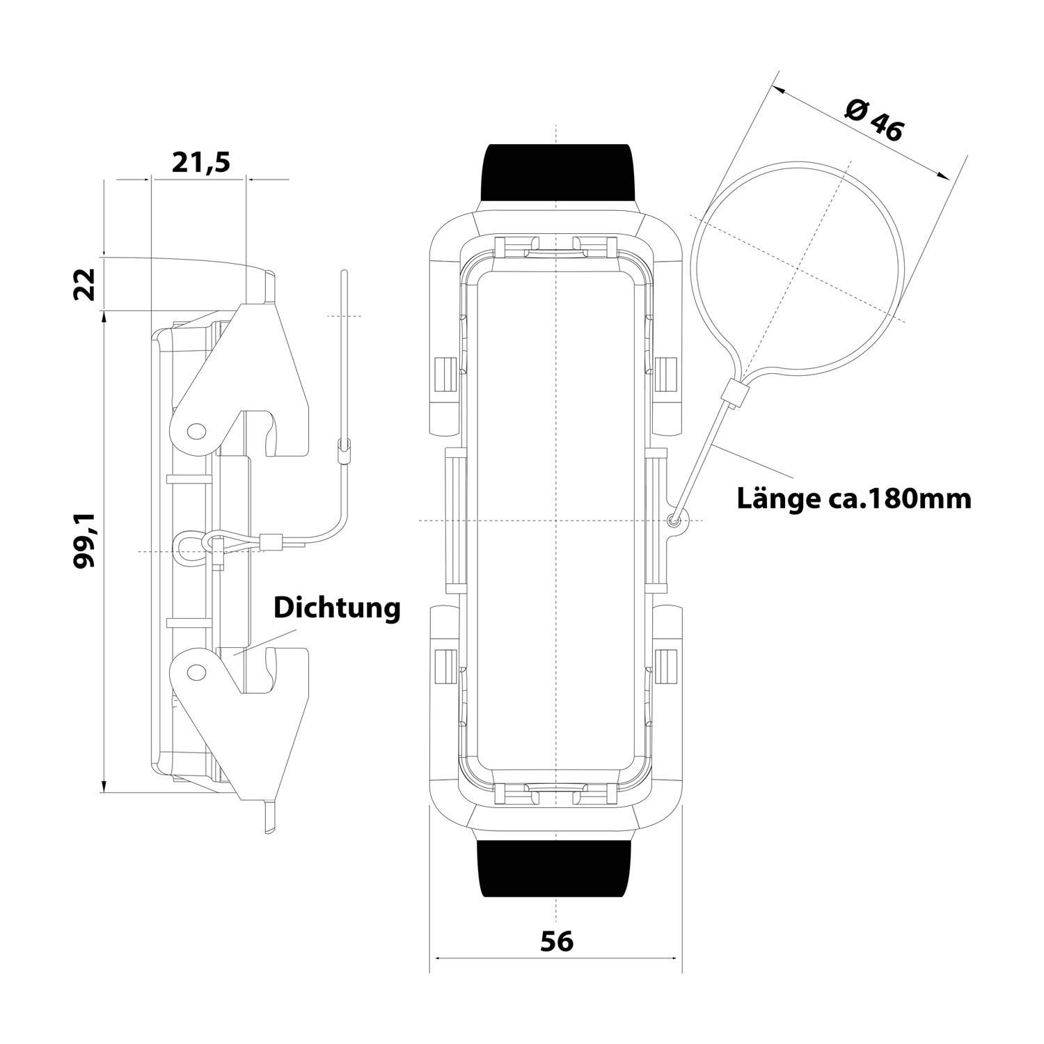 Technische Zeichnung eines mechanischen Bauteils mit Abmessungen: 99,1 mm Höhe, 56 mm Breite, 22-21,5 mm innere Seitenmaße und ein 46 mm Durchmesser-Kreis mit einer Länge von 180 mm.