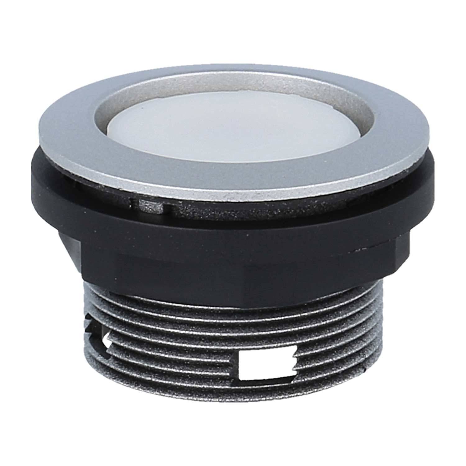 Ein runder, metallischer Druckknopf mit silbernem Rand und weißem Zentrum, eingesetzt in einem schwarzen Gehäuse mit Gewinde, der üblicherweise für elektronische Geräte verwendet wird.