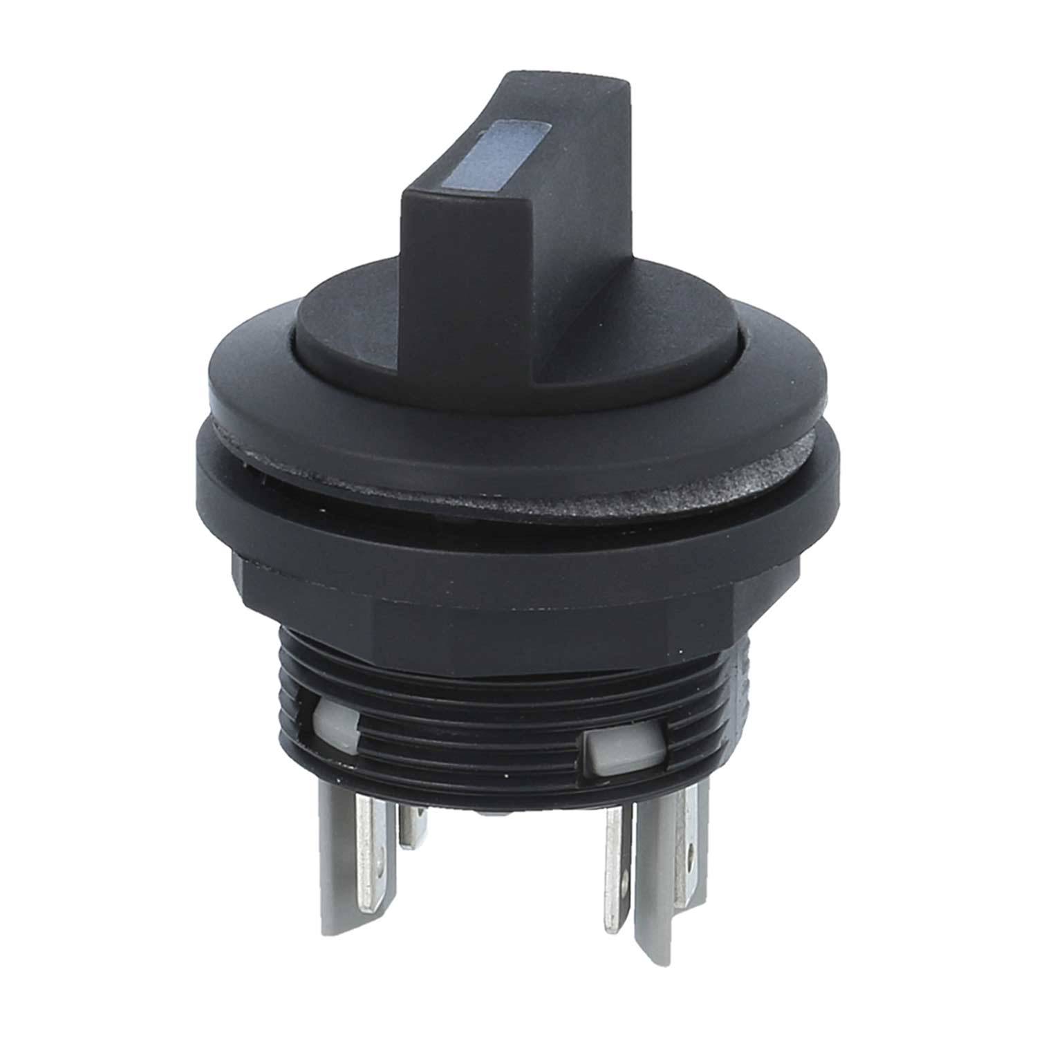 Ein schwarzer Drehschalter mit einer strukturierten Drehknopf, der in einem Gehäuse mit Gewinde montiert ist, zeigt drei Metallzacken für elektrische Verbindungen darunter.