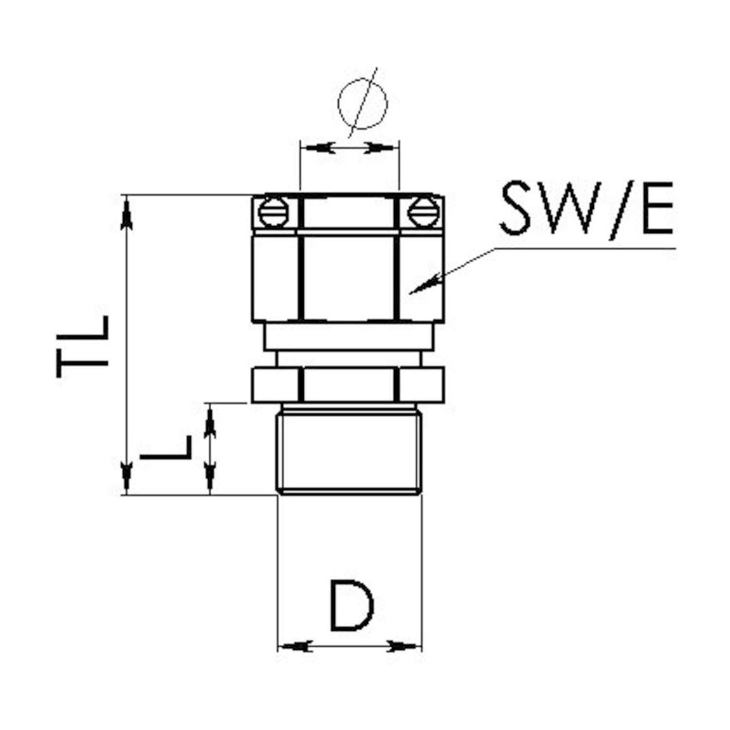 Technische Zeichnung einer mechanischen Komponente mit beschrifteten Abmessungen: TL, L, SW/E und D, die Details einer Bolzen- und Mutternverbindung zeigt.