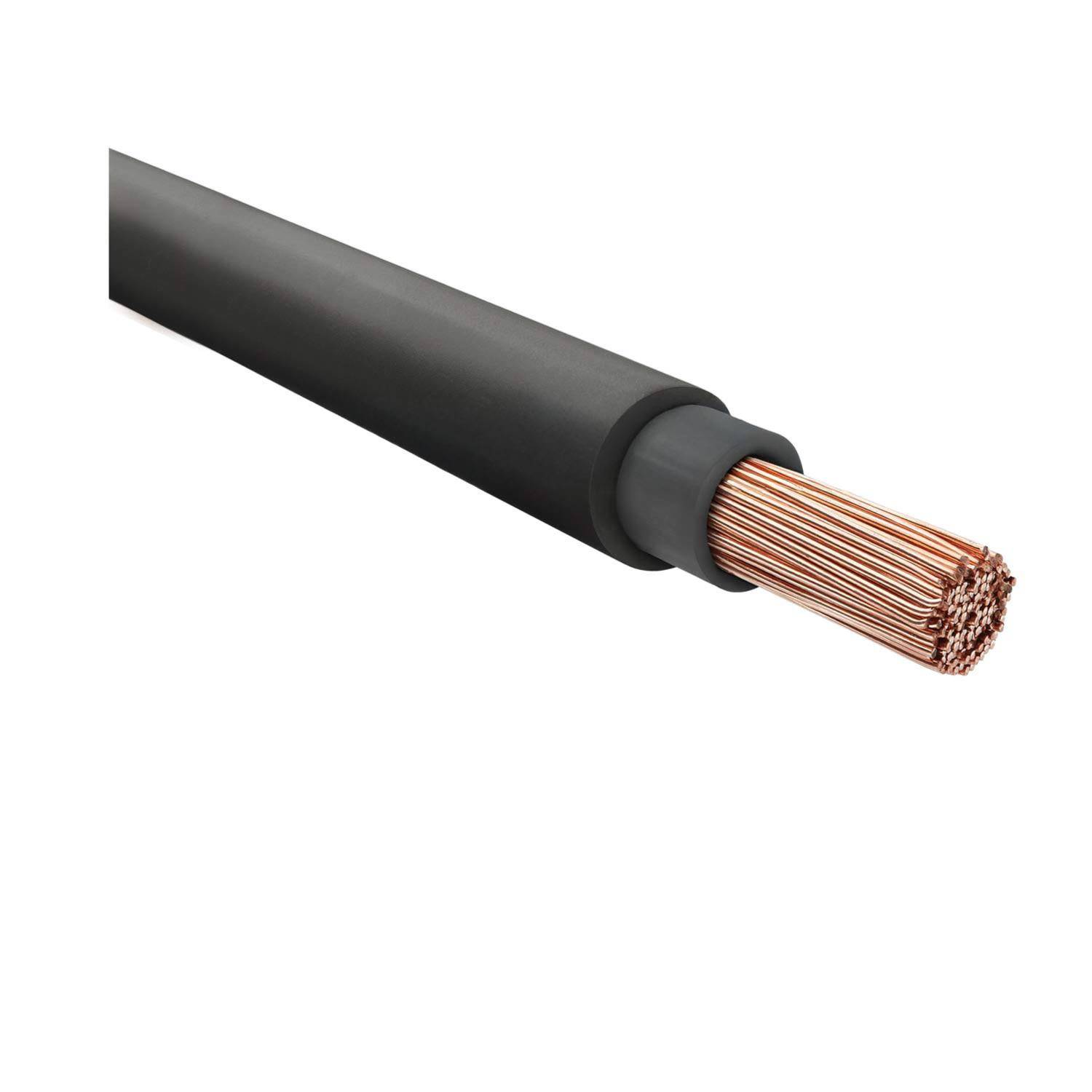 Ein Querschnitt eines elektrischen Kabels zeigt Kupferdrähte innerhalb einer schwarzen isolierenden Ummantelung und veranschaulicht so dessen innere Struktur.