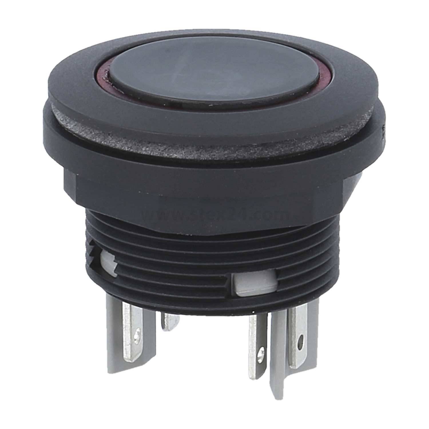 Ein runder, schwarzer Drucktaster mit silbernem Mittelteil und vier Metallanschlüssen an der Unterseite für elektrische Verbindungen.