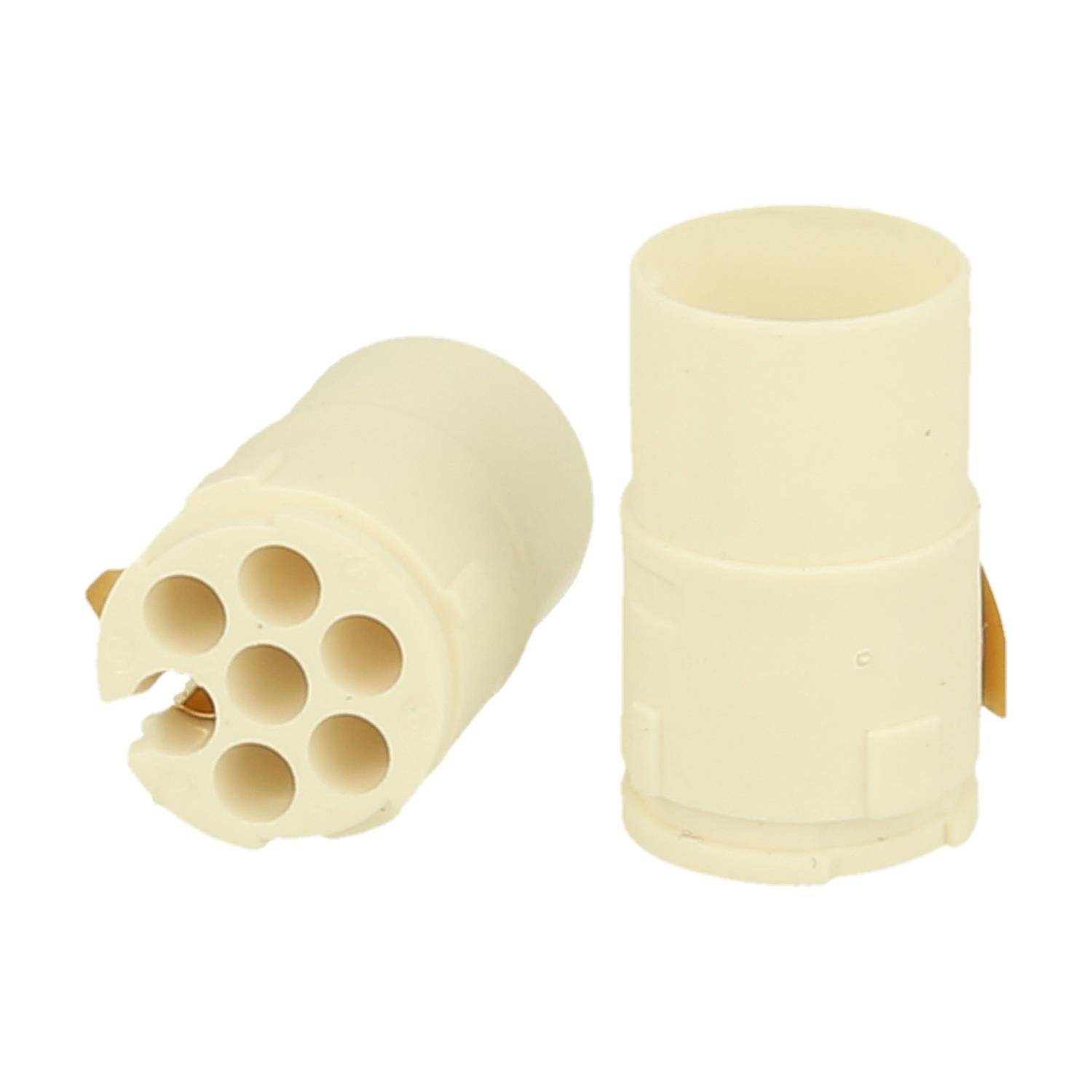 Zwei beige Kunststoffverbinder, einer mit sieben kreisförmigen Löchern und der andere zylindrisch, verwendet zum Verbinden von Kabeln oder Schläuchen.