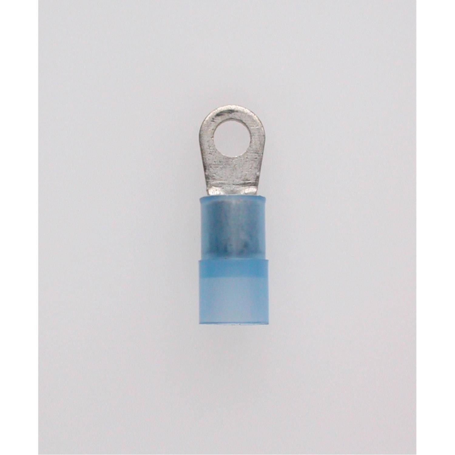 Eine blaue isolierte Ringkabelschuh für elektrische Verkabelung, mit einer Metallschlaufe an einem Ende zum Anschluss an eine Schraube oder einen Bolzen, vor einem weißen Hintergrund isoliert.