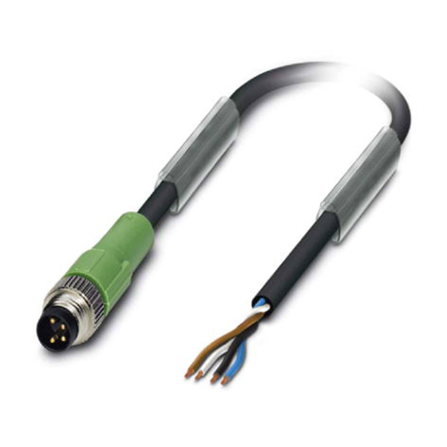 Ein M12-Kabelstecker mit freiliegenden Drähten an einem Ende, ausgestattet mit einem grünen Steckergehäuse und verschiedenfarbigen Drähten für elektrische Anwendungen.