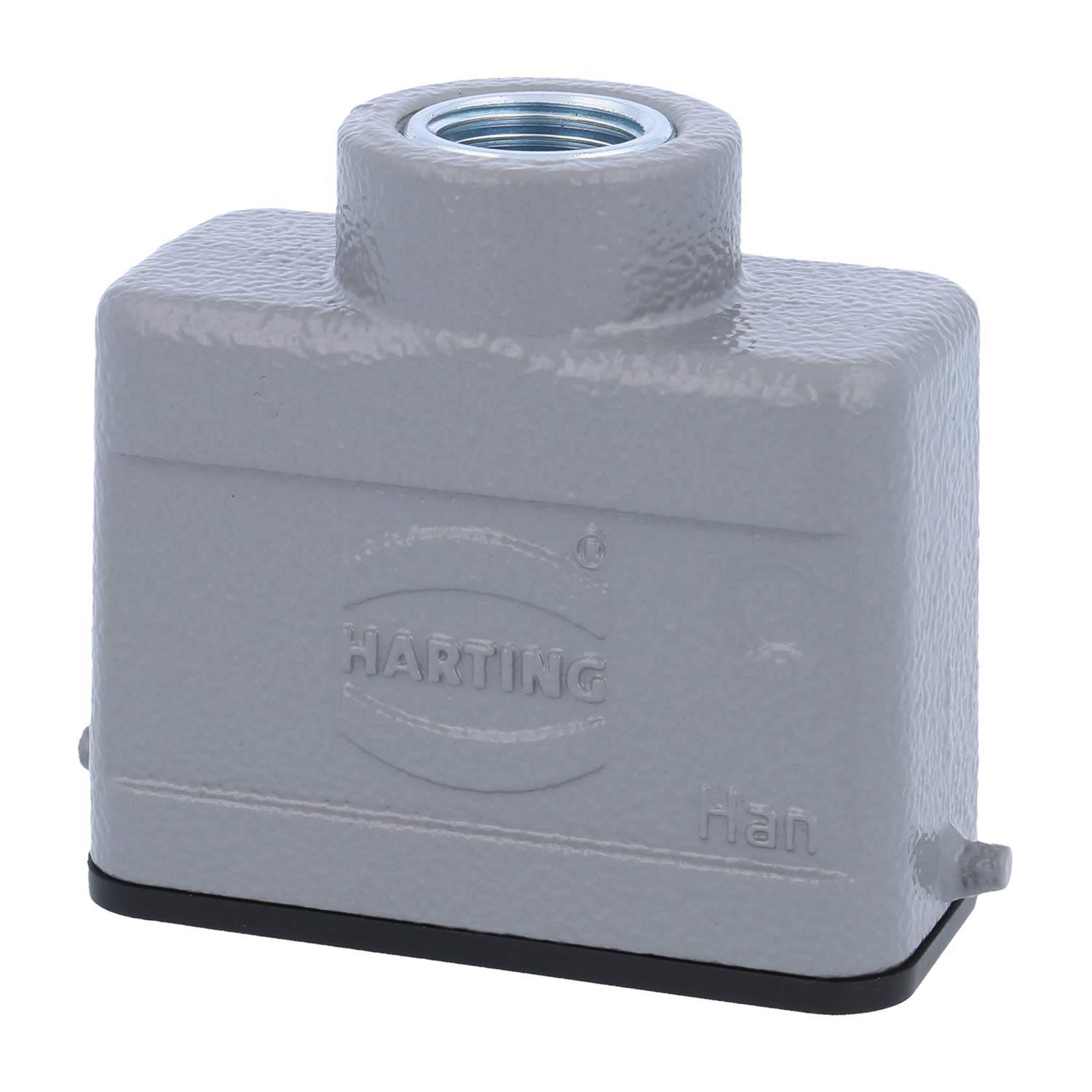 Graues rechteckiges Hartinggehäuse mit oberer Schraubenlochöffnung und geprägtem Logo, verwendet für industrielle Verdrahtungsanwendungen.