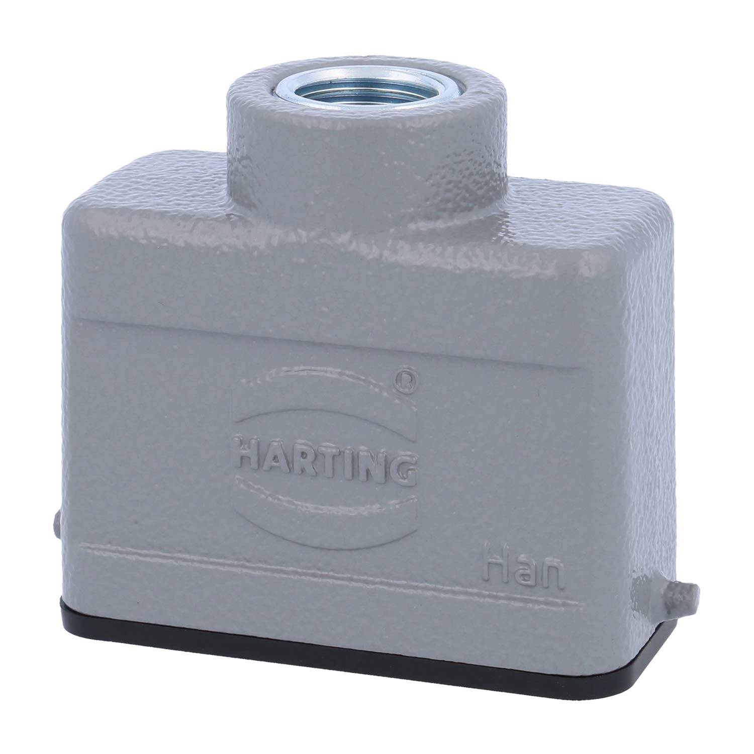 Rechteckiges graues HARTING-Gehäuse für Steckverbinder mit einem Gewinde an der Oberseite zum Befestigen. Logo in der Mitte eingeprägt, Teil einer industriellen Ausrüstung.