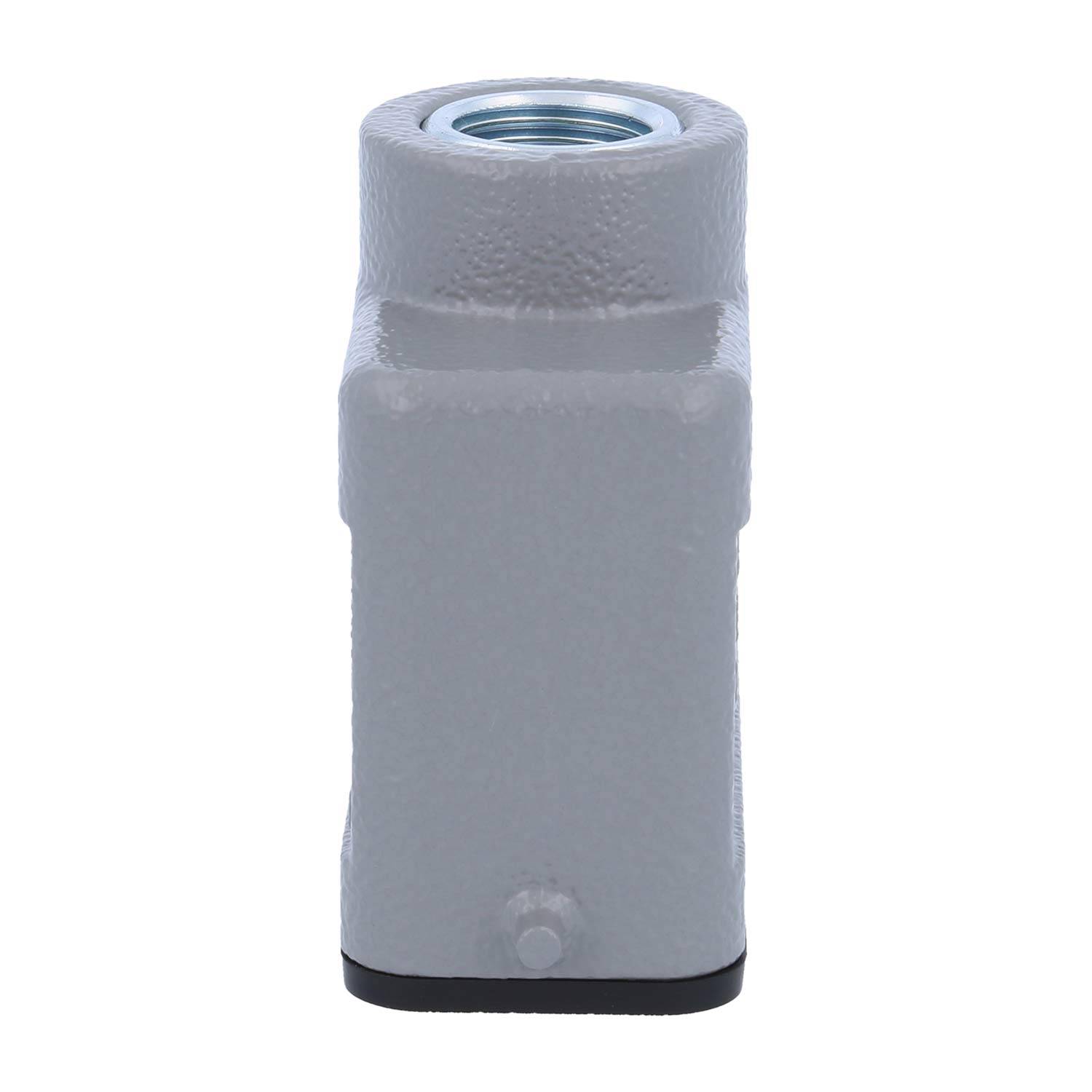 Ein grauer, strukturierter Metallverbinder mit einer Gewindeöffnung an der Oberseite.