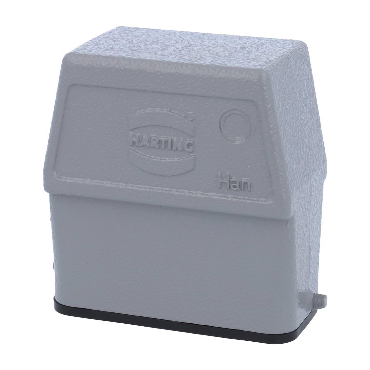 Ein graues Han-Anschlussgehäuse mit dem auf der Seite geprägten Harting-Logo, das für den Schutz der elektrischen Verbindung konzipiert ist.