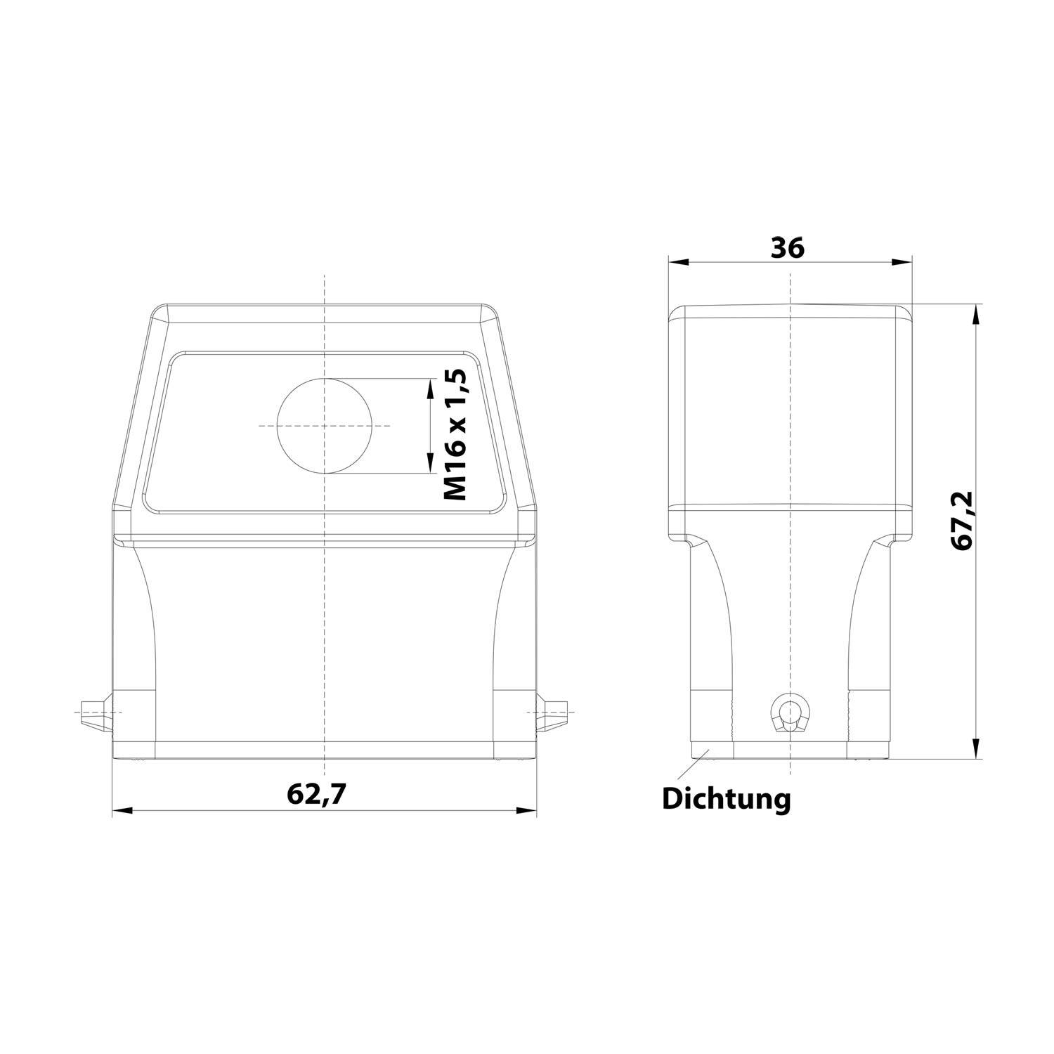 Technische Zeichnung einer Boxkomponente mit Abmessungen: Breite 62,7 mm, Höhe 67,2 mm und Tiefe 36 mm. Markierter Bereich M16 x 1,5.