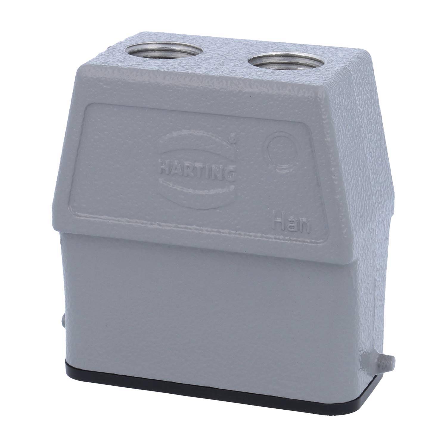 Ein grauer rechteckiger industrieller Steckverbindergehäuse mit zwei Gewindebohrungen oben und geprägter Markenbeschriftung.