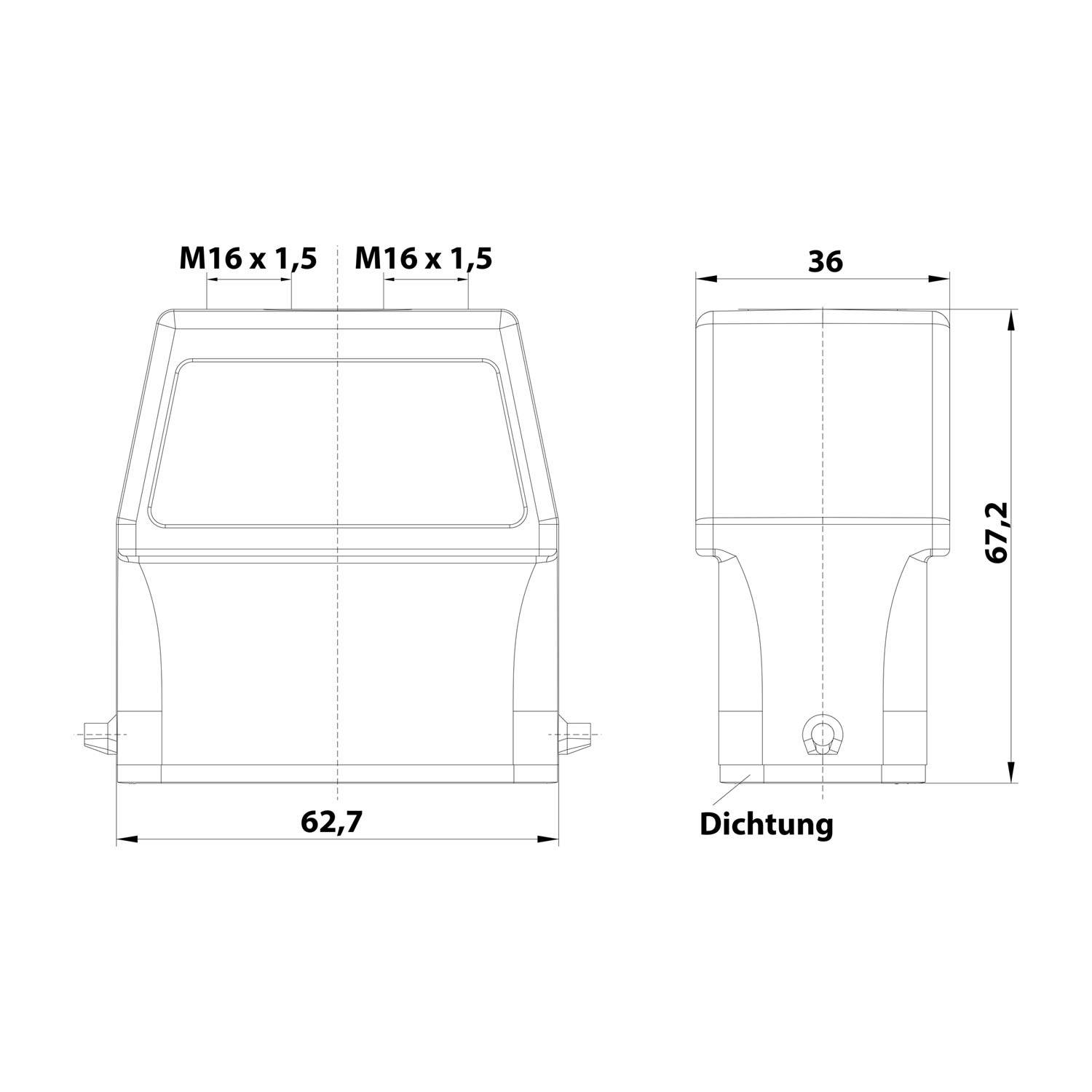 Diagramm eines rechteckigen Objekts mit Abmessungen: Breite 62,7 mm, Höhe 67,2 mm, Tiefe 36 mm. Gewindebohrungen mit 'M16 x 1,5' gekennzeichnet. Markiert mit 'Dichtung'.