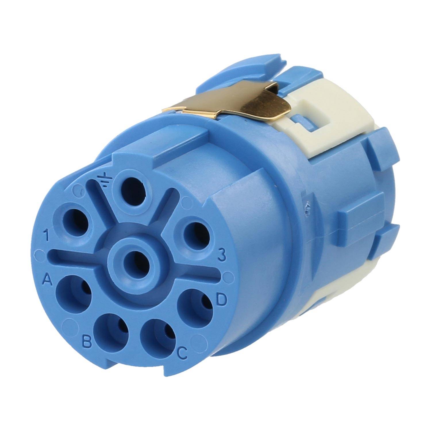 Ein blauer Mehrfach-Elektroanschluss mit acht Anschlüssen, die mit A-D und 1-4 beschriftet sind und einen Metallclip zur sicheren Befestigung aufweisen.