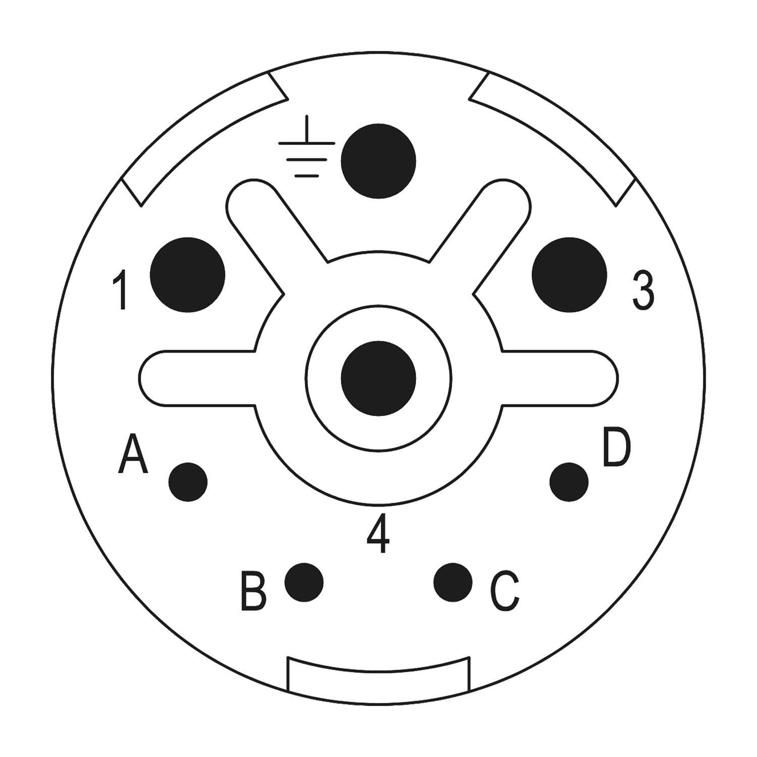 Elektrische Steckdosenstift-Diagramm mit beschrifteten Anschlüssen 1 bis 4 und A bis D. Erdungssymbol befindet sich oben.