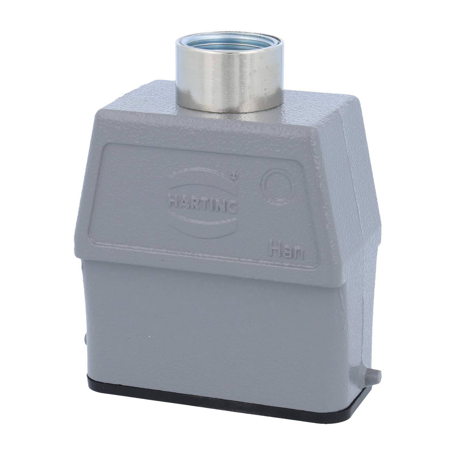 Ein grauer rechteckiger industrieller Steckverbinder-Gehäuse, mit der Bezeichnung 'HARTING', versehen mit einem kreisförmigen metallischen Gewindedeckel zur Kabelanbindung.