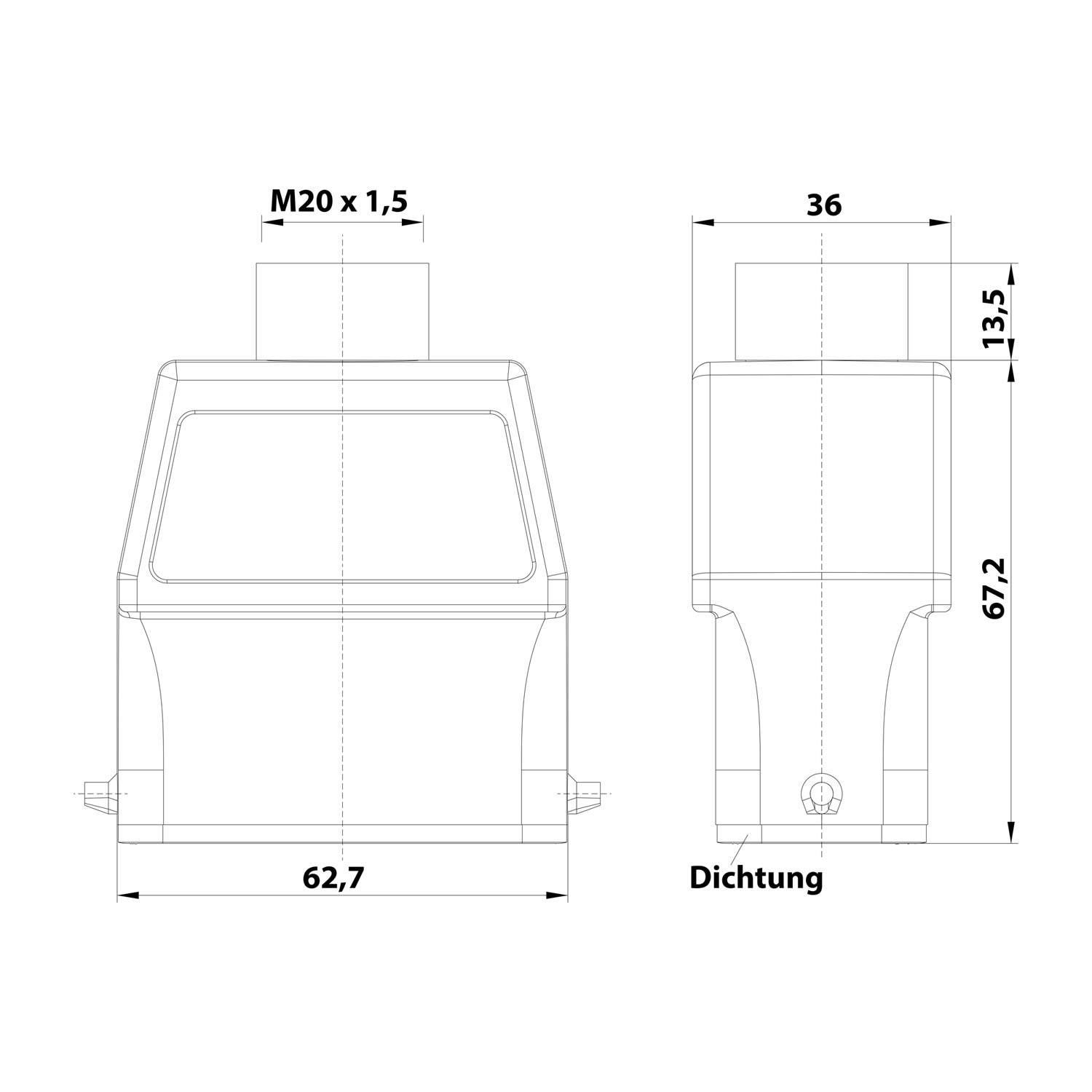 05200100461 HARTING Han 10A Tüllengehäuse hoch, 1xM20 gerader Kabelabgang, für 1 Bügel (am Unterteil) Verschraubung M20