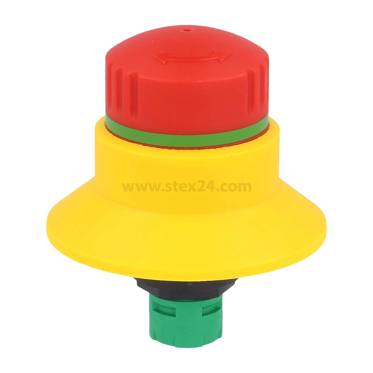 Not-Aus-Taste mit rotem Druckknopf und gelbem Sockel für industrielle Sicherheitsanwendungen.