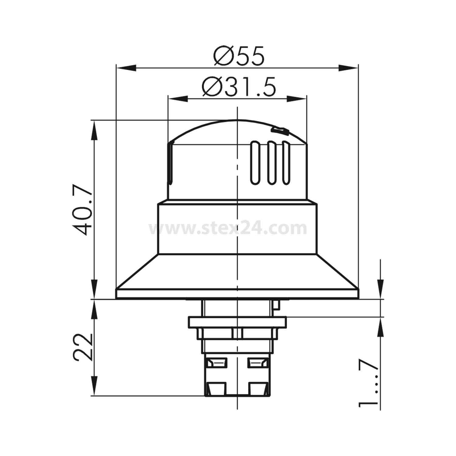 Diagramm einer mechanischen Komponente mit Abmessungen: 55 mm Durchmesser, 31,5 mm Innendurchmesser, 40,7 mm Höhe, 22 mm Basis, 1,7 mm unterer Teil.