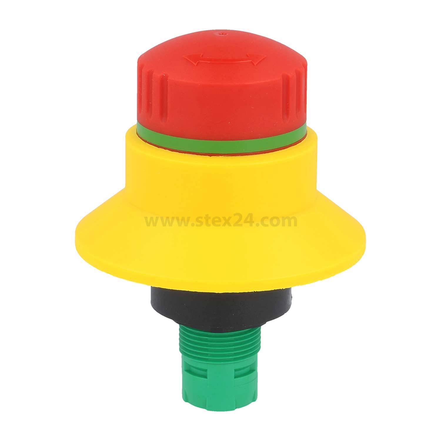 Notaus-Taste mit rotem Oberteil, gelbem Sockel und grünem Unterteil, die zur Sicherheit verwendet wird, um Maschinen oder Ausrüstung sofort zum Stillstand zu bringen.