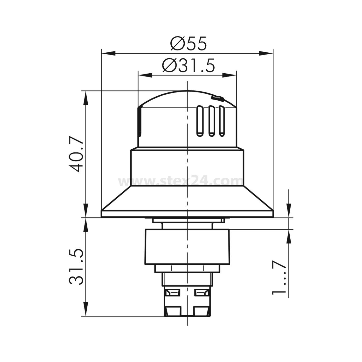 Technische Zeichnung einer Lüftungseinheit mit Maßangaben: Höhe 40,7 mm, oberer Durchmesser 31,5 mm und Basisdurchmesser 55 mm, mit Seitenansicht-Details.
