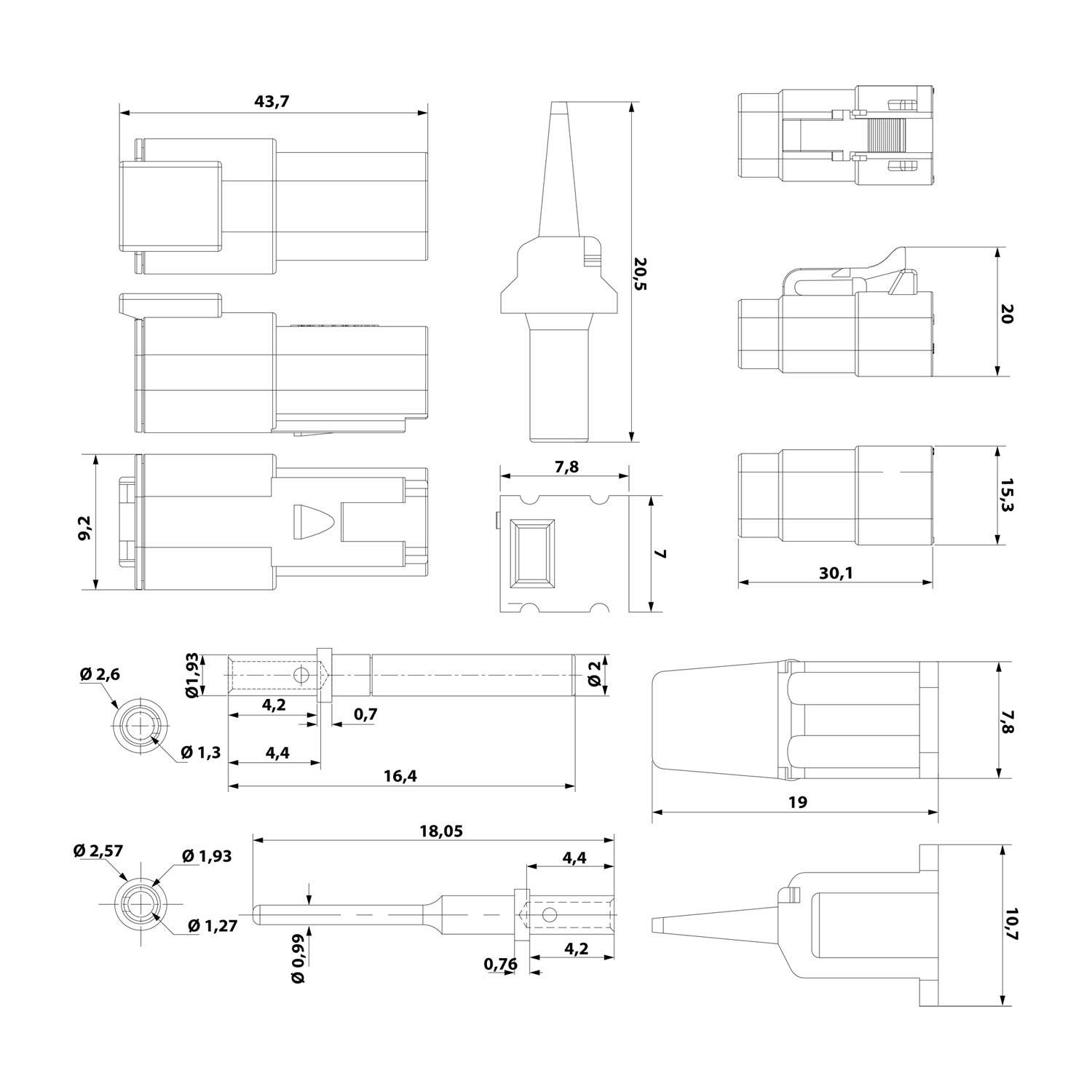 Technische Zeichnung mit mehreren Ansichten und Maßen eines mechanischen Bauteils, die Abmessungen und strukturelle Details für die Montage detailliert darstellt.