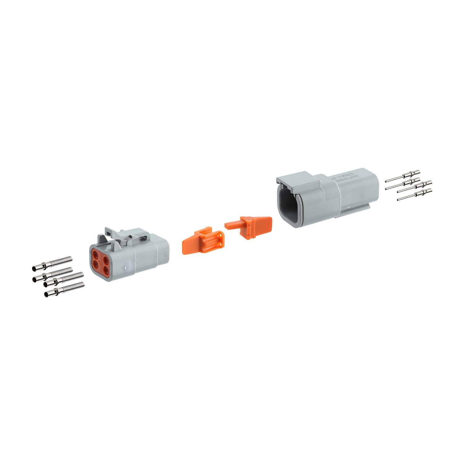 Elektrischer Anschlussatz mit zwei grauen Gehäusen, orangefarbenen Clips und Metallstiften, zerlegt dargestellt. Verwendet für Kabelverbindungen.
