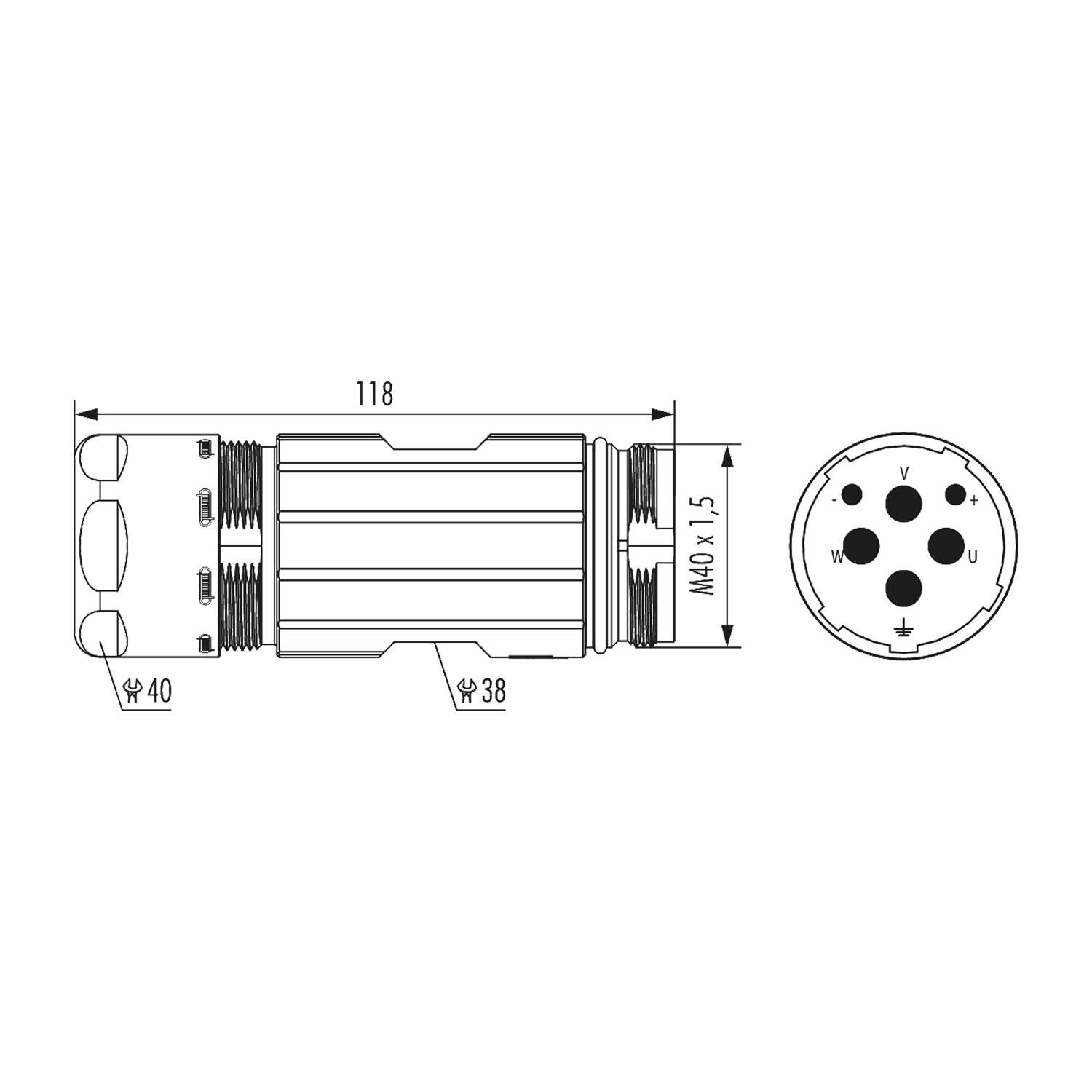 7720723000 HUMMEL M40 Leistung Kupplungssteckverbinder gerade Stift Crimpanschluss, Polzahl 3+2+PE Kabelabgang gerade,