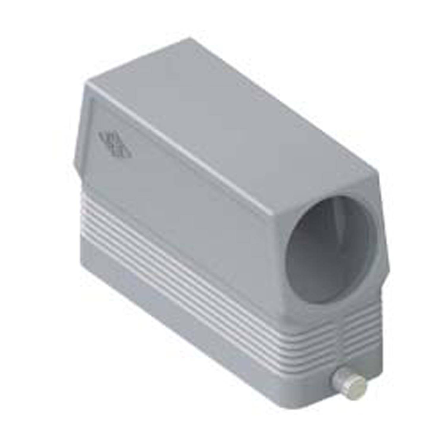 Ein graues, rechteckiges Gerät mit einer großen kreisrunden Öffnung und einem kleinen vorstehenden Knopf am unteren Ende, wahrscheinlich für technische oder industrielle Zwecke.