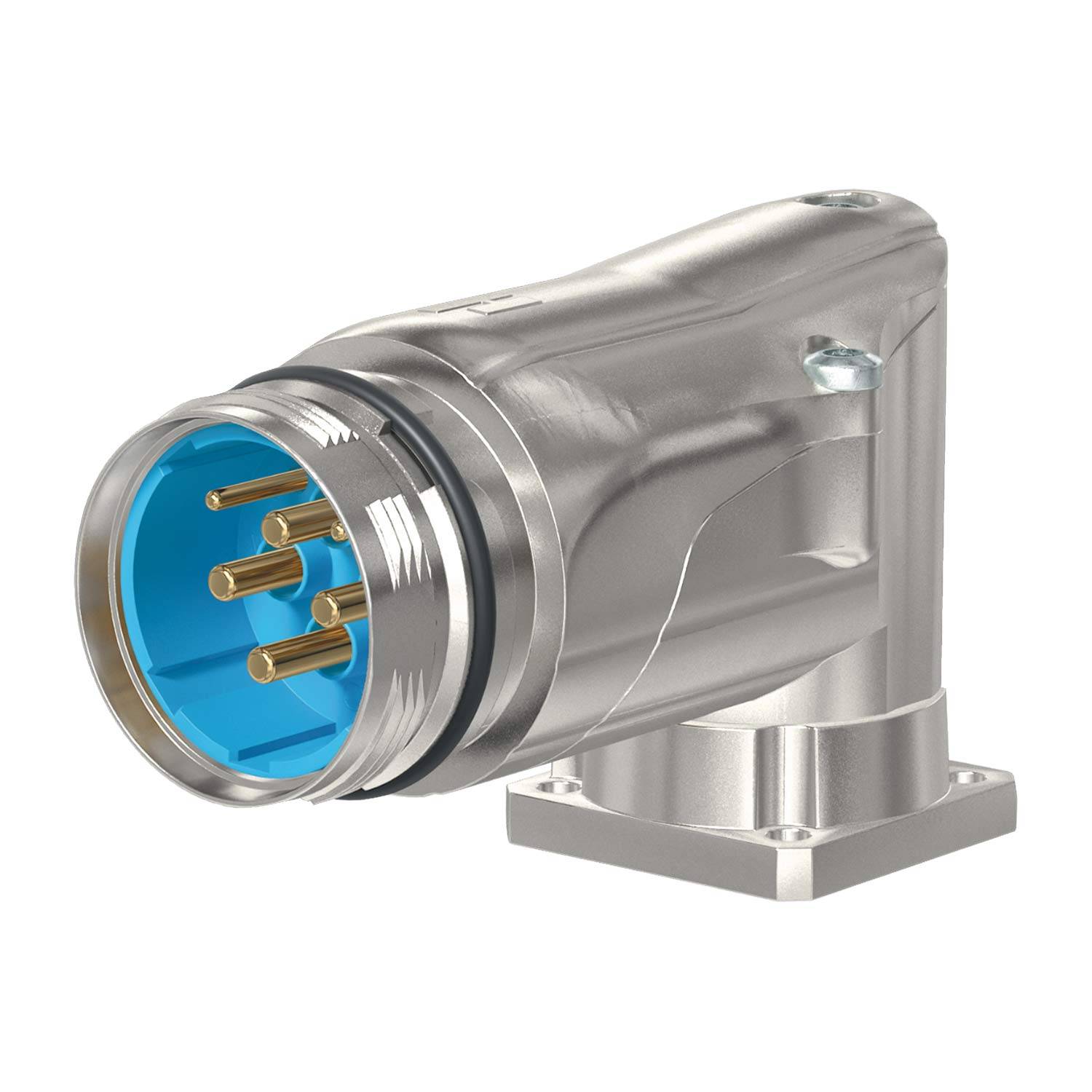 Ein metallischer, gewinkelte Elektrostecker mit drei goldenen Stiften in einer blauen kreisförmigen Buchse, montiert auf einer rechteckigen Basis.