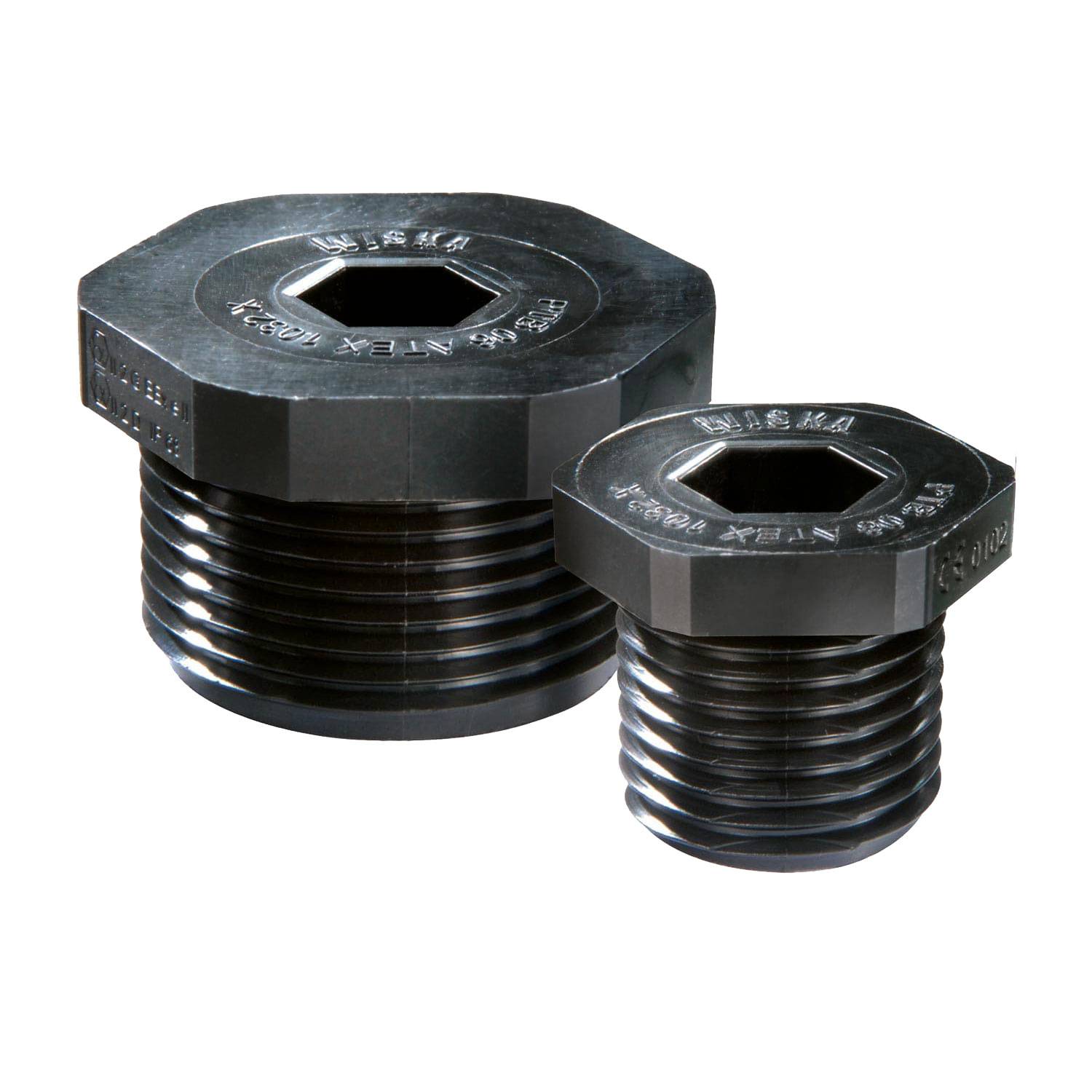 Zwei schwarze sechseckige Rohrverschlüsse mit Gewinde sind zu sehen, einer größer als der andere. Beide haben eine hohle Mitte und wirken metallisch.