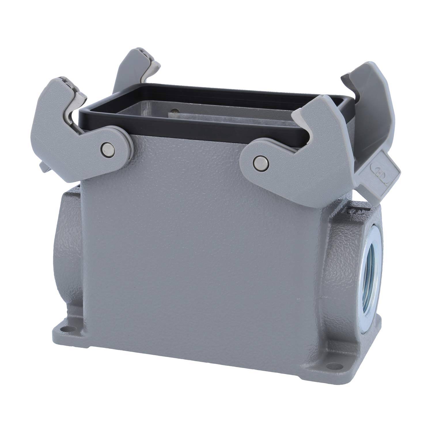 Ein grauer Metallrechteckteil mit zwei Klammern oben, konzipiert für elektrische Anschlüsse oder Gehäuse, mit montierbarer Grundfläche.