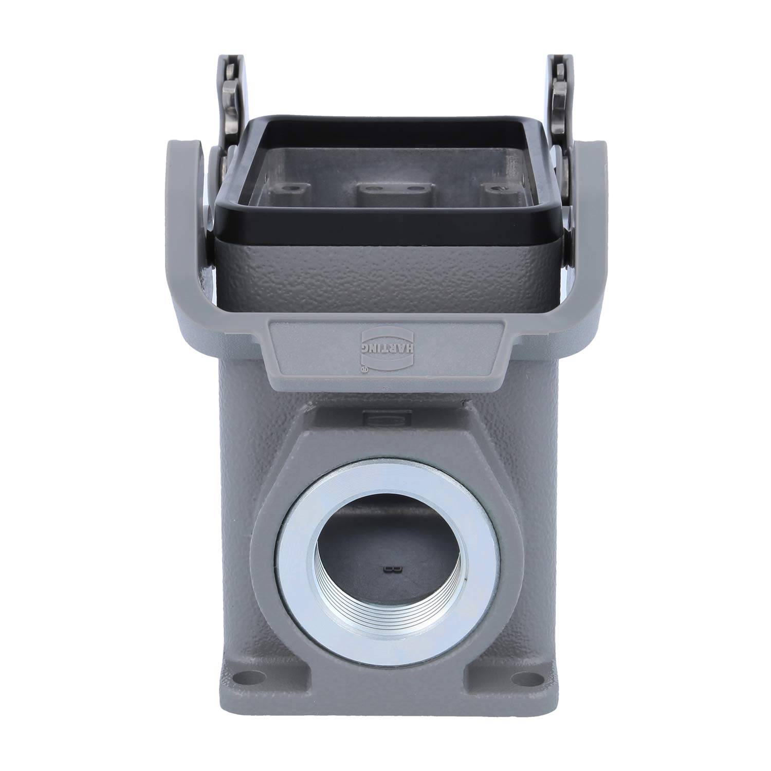 Ein grau-farbenes elektrisches Anschlussgehäuse mit einem industriellen Design, das eine runde Öffnung und zwei seitliche Verriegelungen aufweist, von vorne betrachtet.