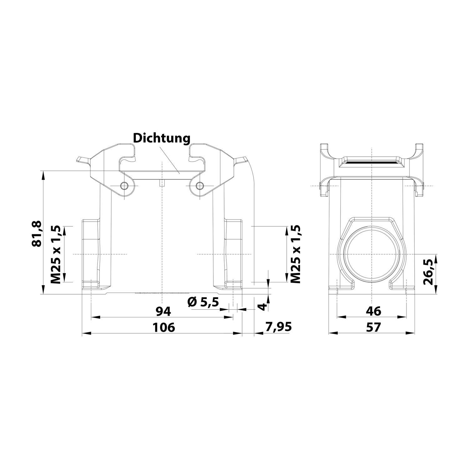 Technische Zeichnung eines mechanischen Bauteils mit Maßangaben in Millimetern. Vorder- und Seitenansicht zeigen verschiedene Messungen und Beschriftungen.