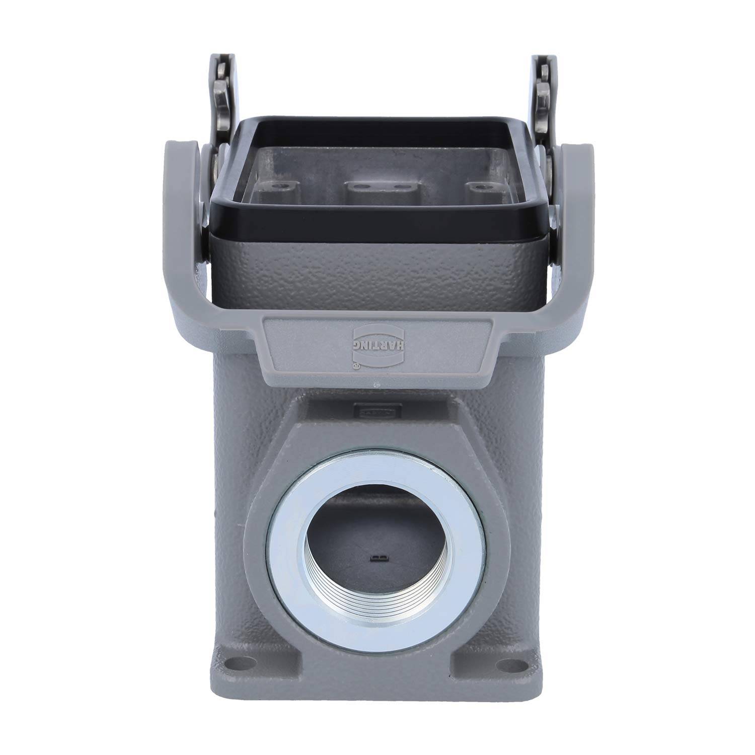 Ein graues industrielles Steckdosengehäuse mit einem oberen Verschluss, einer vorderen kreisförmigen Öffnung und einer strukturierten Oberfläche, das für sichere elektrische Verbindungen konzipiert ist.