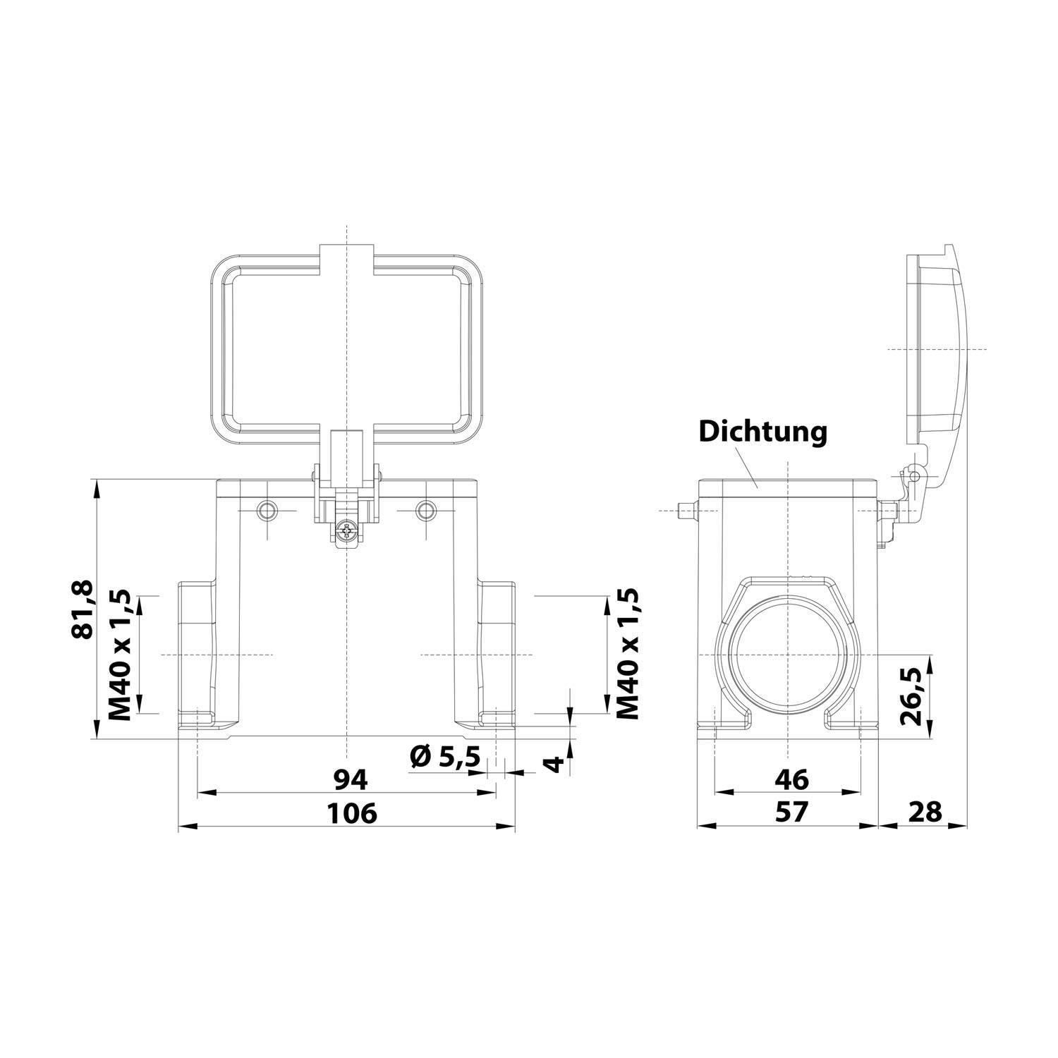 05200320270 HARTING Han 32A Sockelgehäuse hoch, 2xM40 seitlicher Kabelabgang, für 2 Bügel (am Oberteil) mit Schutzkappe