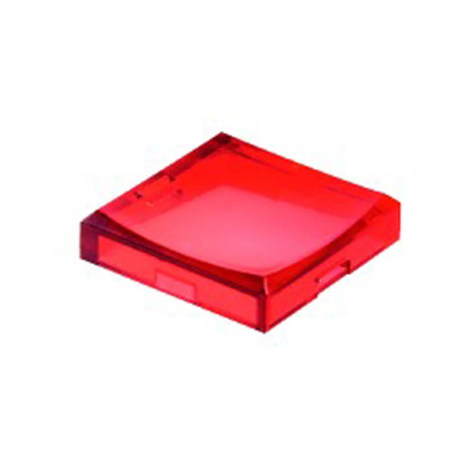 Ein einzelnes rotes, durchscheinendes quadratisches Fliese mit einer leichten Rundung, verwendet als LEGO-Bauteil.