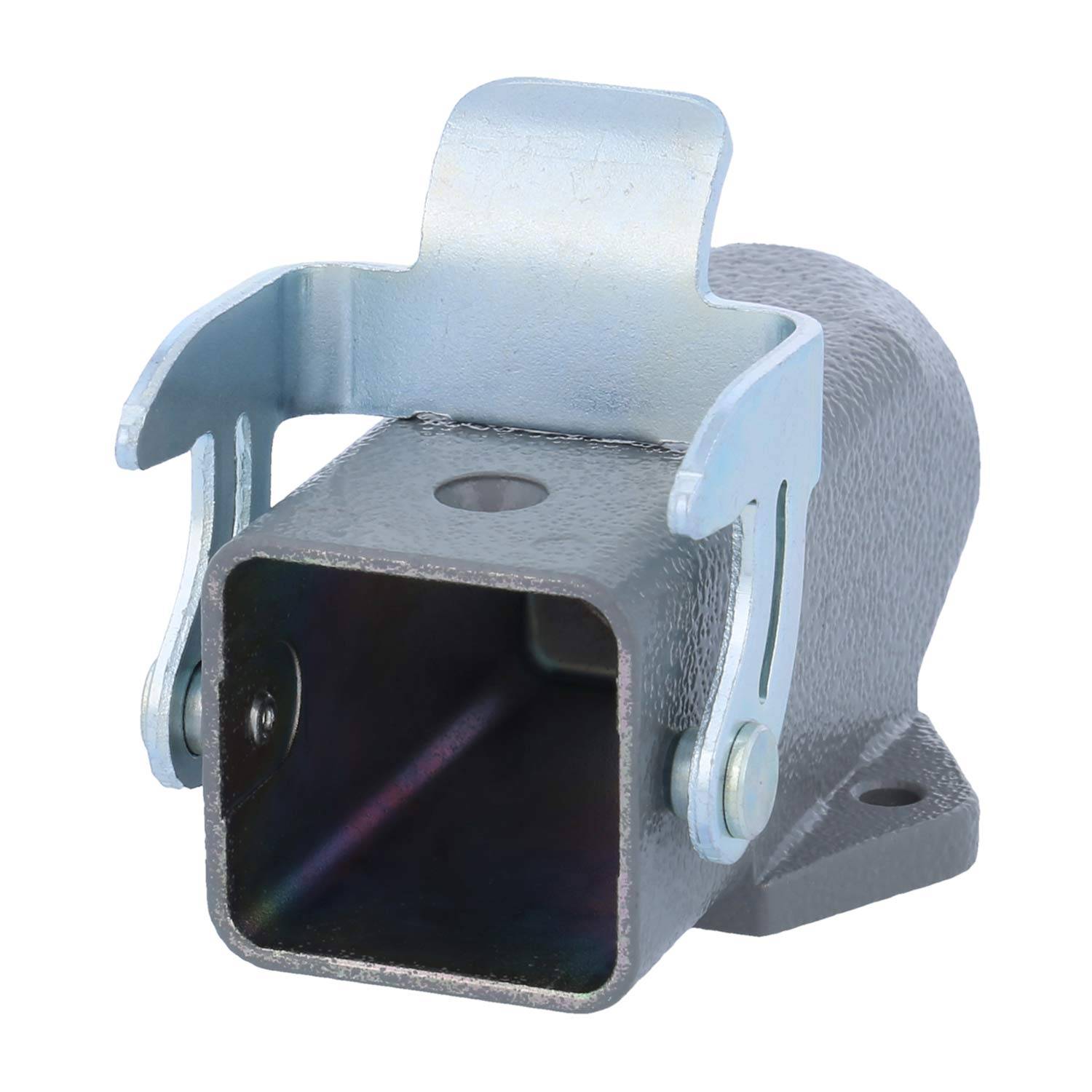 Eine Anhängerkupplung aus Metall mit einem Clip, die ein quadratisches Röhrendesign aufweist.