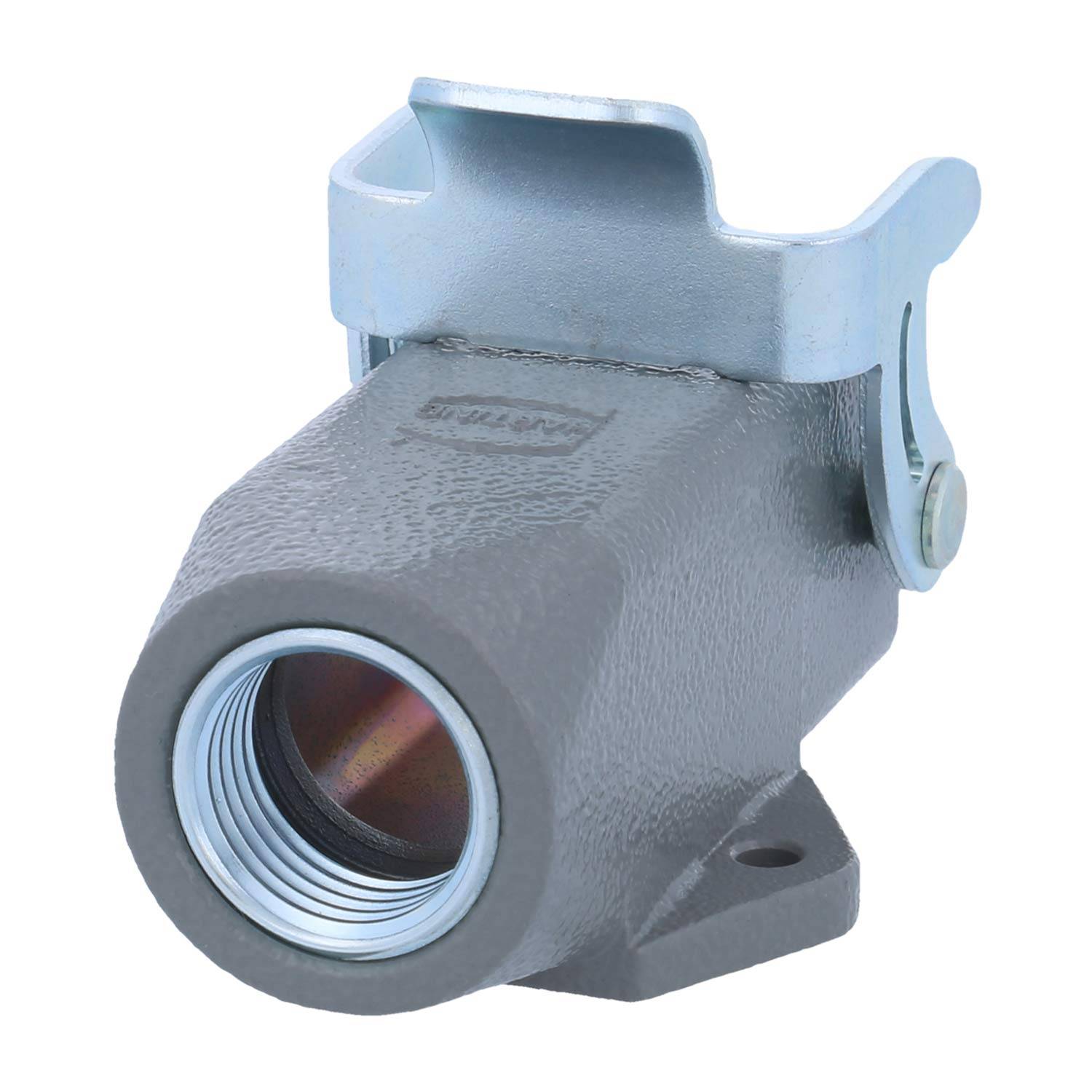 Verbinder mit gewindeter Metallkörper, integrierter Klemme an der Oberseite, graue Ausführung, verwendet für industrielle oder mechanische Anwendungen.