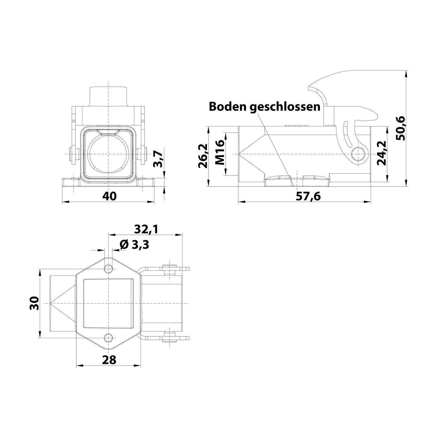 Drei technische Zeichnungen eines mechanischen Bauteils zeigen verschiedene Dimensionen, Merkmale und Winkel, die mit Messungen in Millimetern beschriftet sind.
