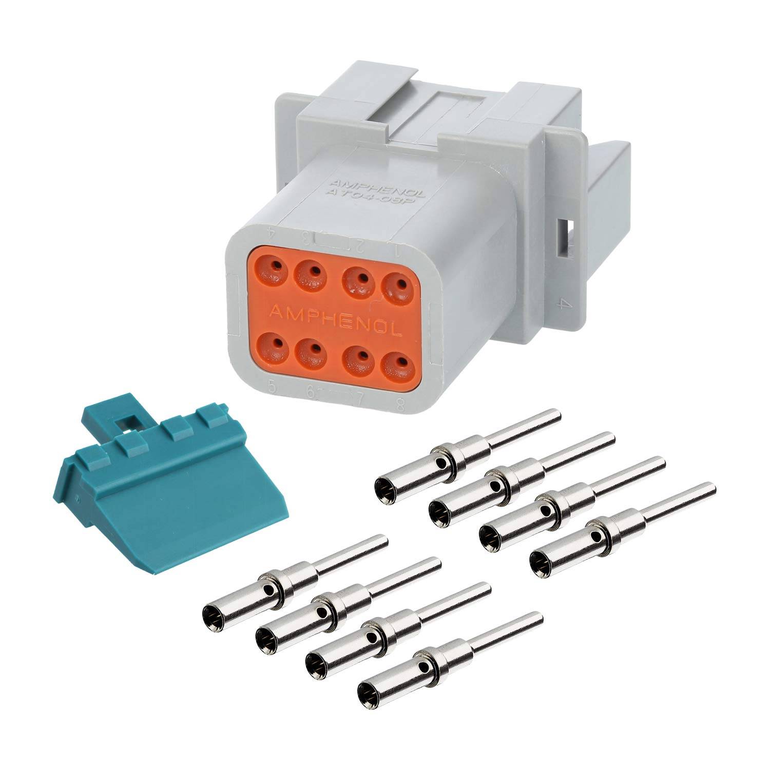 Ein mehrpoliger elektrischer Steckverbinder mit einer orangefarbenen Oberfläche und neun Metallstiften, versehen mit einer blauen Kunststoff-Verriegelungskomponente. Geeignet für elektronische Baugruppen.