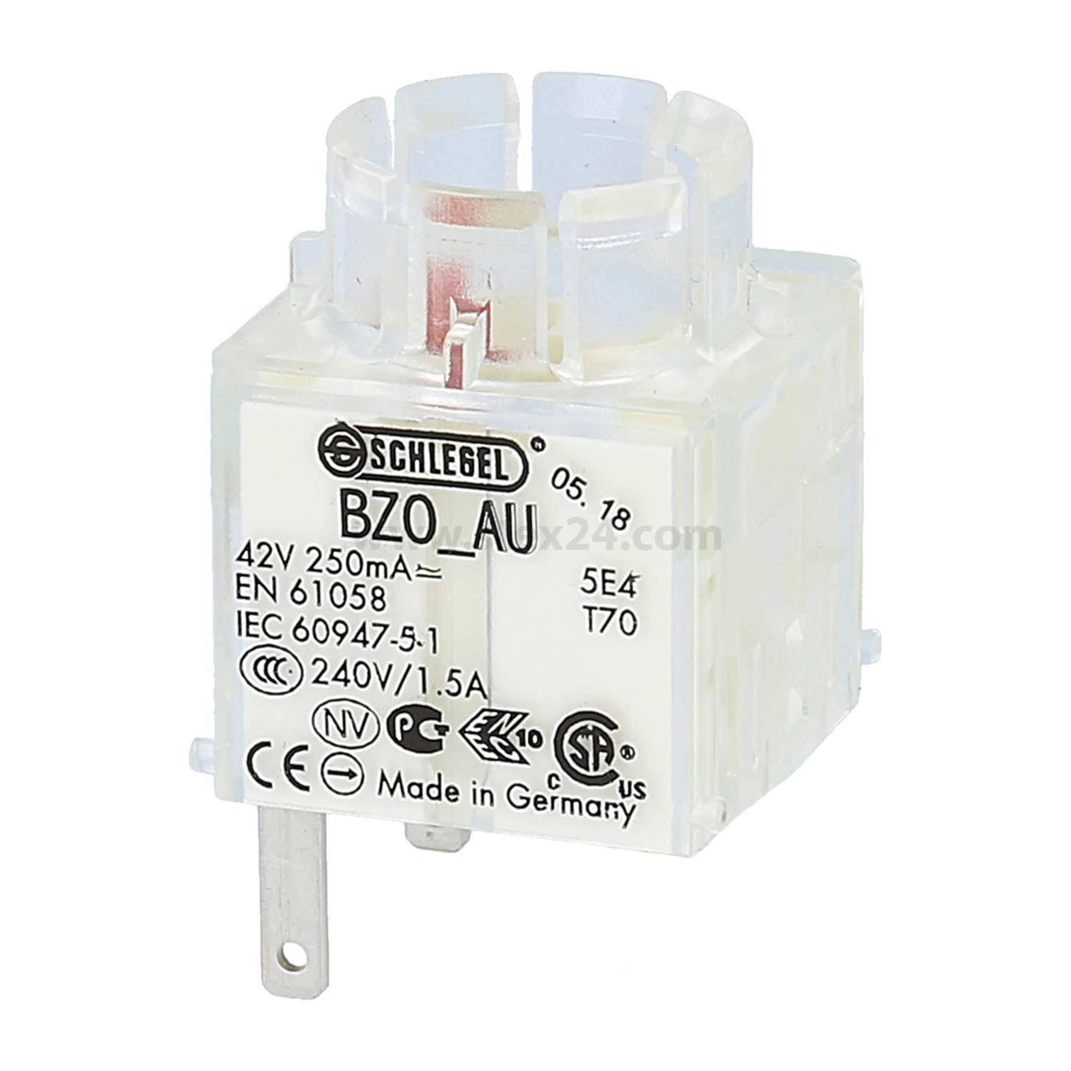 Schlegel BZO_AU' Relais, mit Spezifikationen: 42V 250mA, 240V/1,5A. Konformität: EN 61058, IEC 60947-5-1. Hergestellt in Deutschland.