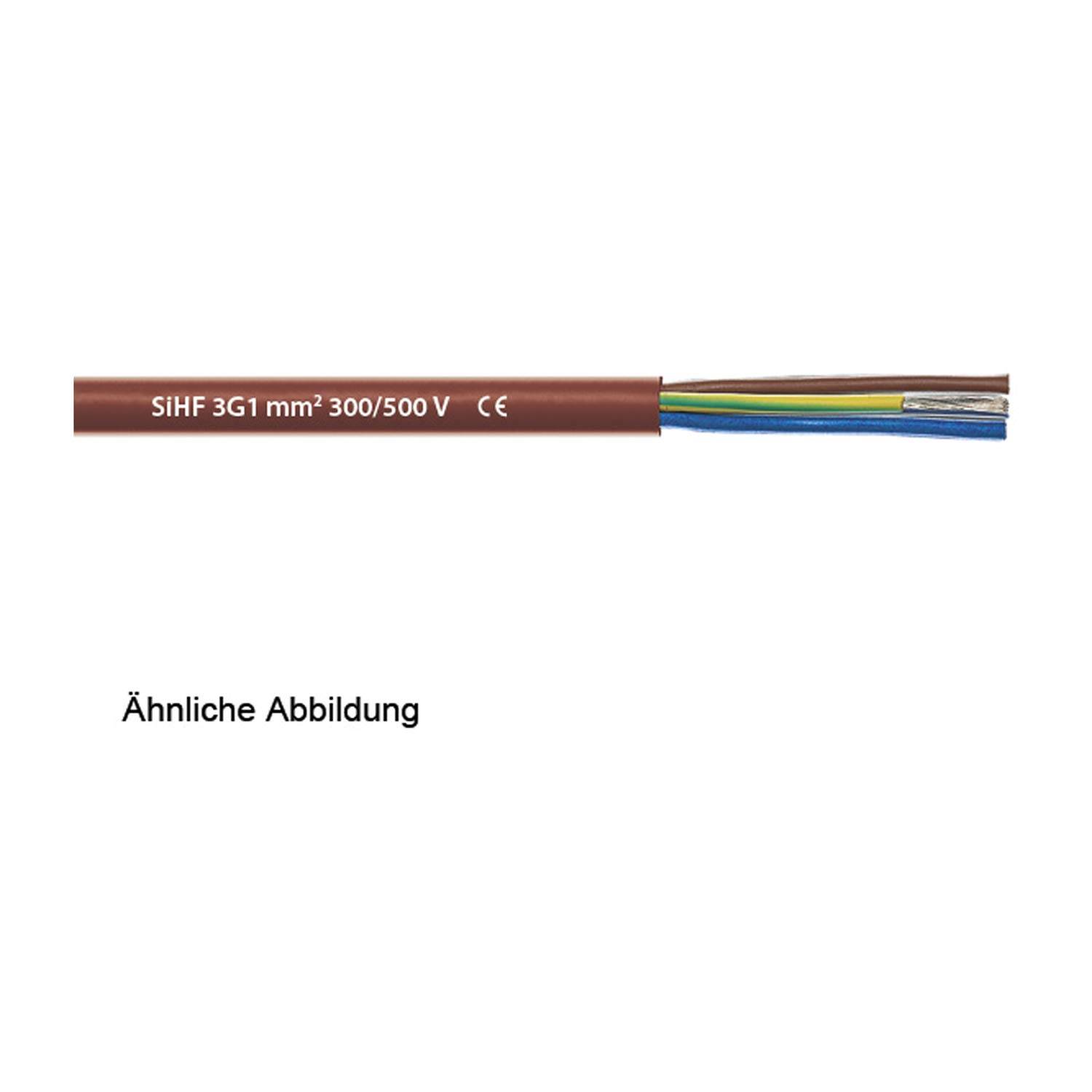Querschnitt eines SIHF 3G1 mm² 300/500V Kabels mit braunen, blauen und gelb-grünen Leitern. Text lautet 'Ähnliche Abbildung'.