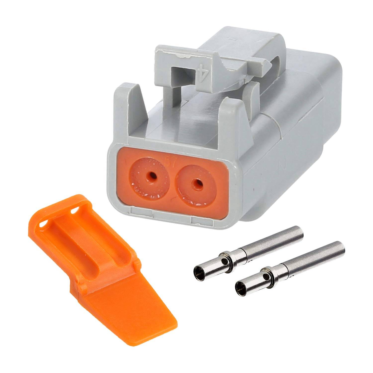 Ein elektrisches Anschlussset mit einem grauen und orangefarbenen Gehäuse, einem orangefarbenen Clip und zwei Metallstiften, entwickelt für sichere Kabelverbindungen.