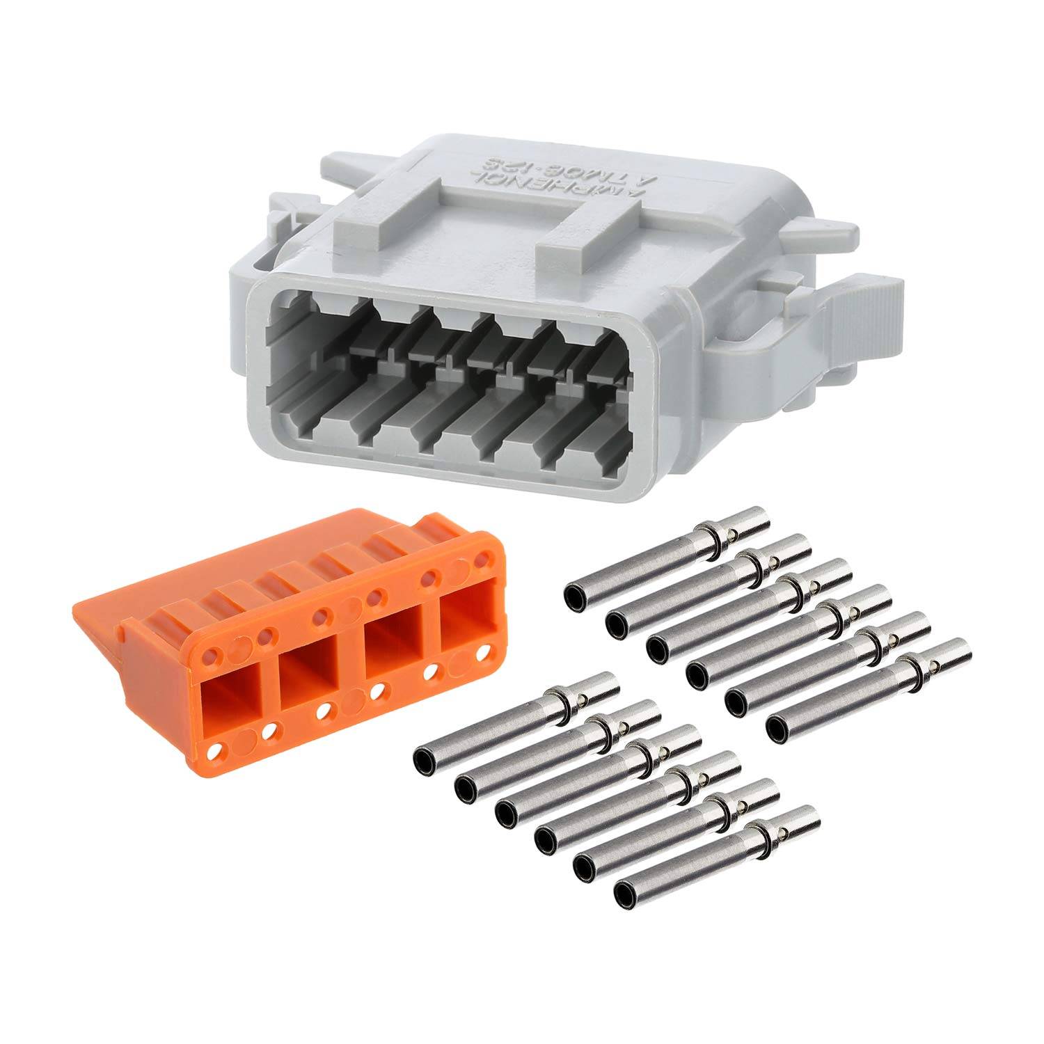 Automotive-Verbindungssatz mit einer grauen Kunststoffbuchse, orangefarbener Dichtung und mehreren Metallstiften für elektrische Verbindungen.