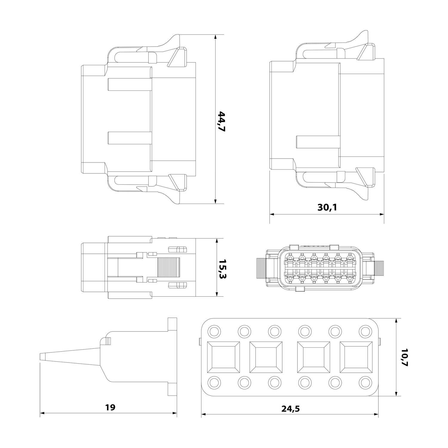 Technische Zeichnung eines Verbinders mit Abmessungen: 44,7 mm Höhe, 30,1 mm Breite, 15,3 mm Tiefe. Zeigt Ansichten von oben, der Seite und Innenansichten.