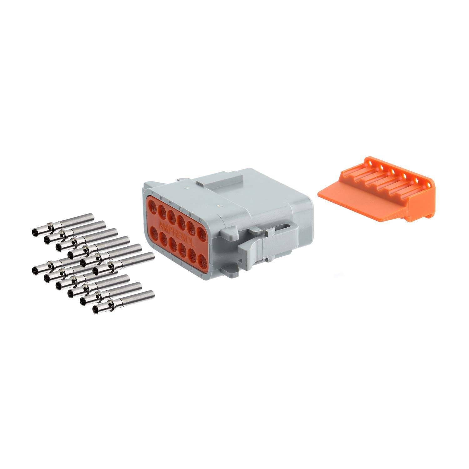 Grauer Elektroanschluss mit mehreren Metallstiften und einer orangefarbenen Kappe, zerlegt dargestellt, geeignet für verschiedene Verdrahtungsanwendungen.